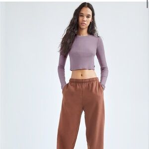 Purple Long Sleeve Crop Top and Brown Pants